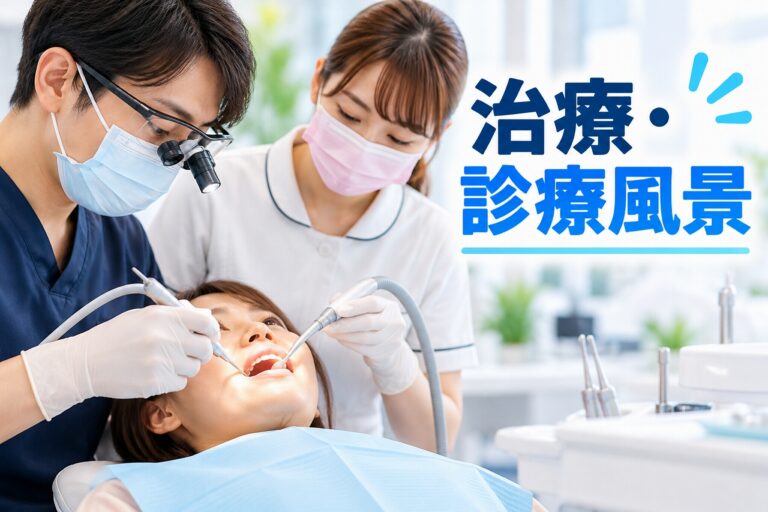 歯科医院の治療・診療風景を紹介するアイキャッチ画像。拡大鏡を装着した歯科医師が診療台に横たわる患者の口腔内を治療し、歯科スタッフがバキュームで診療を補助している。マスクや医療用手袋を着用したスタッフが連携して歯科治療を行う様子を表現している。