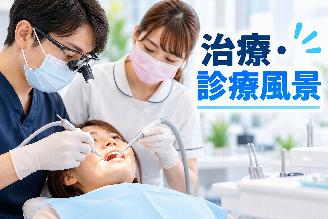歯科医院の治療・診療風景を紹介するアイキャッチ画像。拡大鏡を装着した歯科医師が診療台に横たわる患者の口腔内を治療し、歯科スタッフがバキュームで診療を補助している。マスクや医療用手袋を着用したスタッフが連携して歯科治療を行う様子を表現している。