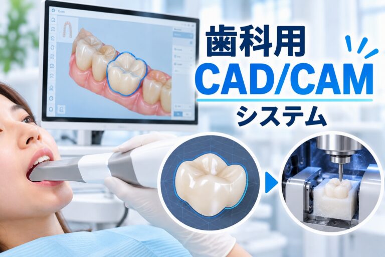 歯科用CAD/CAMシステムの仕組みを紹介した医療インフォグラフィック。歯科医師が口腔内スキャナーで患者の歯を読み取る様子、モニターに表示された歯列の3Dデータ、コンピュータによる被せ物の設計画面、ミリングマシンによる歯科修復物の切削加工を配置。デジタル技術を活用した詰め物・被せ物の製作工程を解説している。