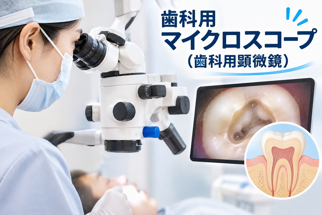 歯科用マイクロスコープ(歯科用顕微鏡)を使用した精密歯科治療のアイキャッチ画像。歯科医師が双眼顕微鏡をのぞきながら患者の口腔内を診察し、モニターには拡大された歯の内部や根管の様子が映し出されている。歯の断面模式図も配置し、肉眼では確認しにくい細かな構造を拡大して観察する歯科用マイクロスコープの特徴を紹介している。