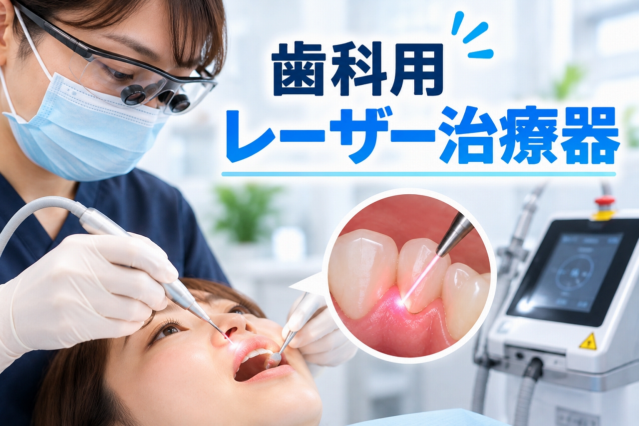歯科用レーザー治療器を使用した歯科診療のアイキャッチ画像。歯科医師が保護眼鏡を装着し、レーザー照射用ハンドピースを用いて患者の歯肉を処置する様子を描いている。拡大図ではレーザー光が歯肉に照射される状態を示し、背景には歯科用レーザー装置を配置。レーザーを利用した歯肉の切開や口腔軟組織の処置などを紹介する患者教育用画像。