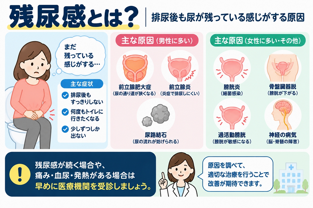 残尿感の症状と原因を解説した医療インフォグラフィック。排尿後もすっきりしない、何度もトイレに行きたくなるなどの症状と、前立腺肥大症、前立腺炎、尿路結石、膀胱炎、骨盤臓器脱、過活動膀胱、神経疾患などの原因を図解。