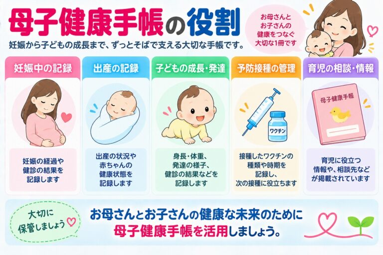 母子健康手帳の役割を解説したインフォグラフィック。妊娠中の経過や健診結果、出産時の記録、子どもの身長・体重や発達、乳幼児健診、予防接種など、母親と子どもの健康情報を継続して記録・管理する役割を紹介