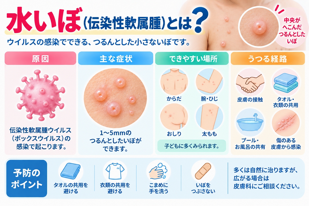 水いぼ（伝染性軟属腫）とは、伝染性軟属腫ウイルスの感染によってできる、中央がへこんだ光沢のある小さないぼで、主な症状やできやすい部位、皮膚の接触やタオルなどを介した感染経路を示した図