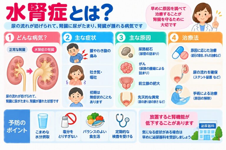 水腎症の仕組みや症状、原因、治療法を解説した医療インフォグラフィック。正常な腎臓と水腎症の腎臓を比較し、尿の流れが妨げられて腎盂や腎杯が拡張する様子を図解。腰やわき腹の痛み、吐き気、無症状の場合があること、尿路結石、腫瘍、前立腺肥大症などの原因と、尿管ステント留置や手術などの治療法を紹介。