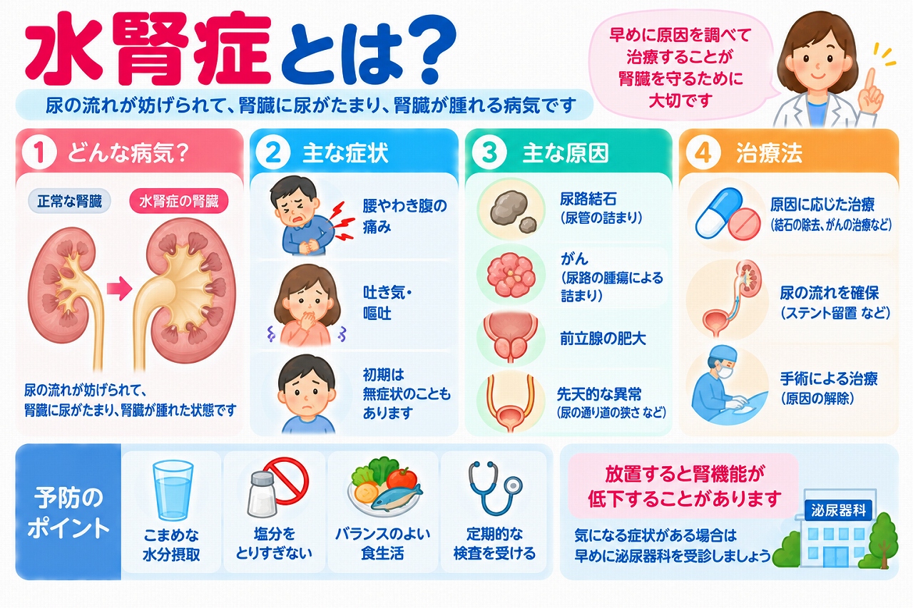 水腎症の仕組みや症状、原因、治療法を解説した医療インフォグラフィック。正常な腎臓と水腎症の腎臓を比較し、尿の流れが妨げられて腎盂や腎杯が拡張する様子を図解。腰やわき腹の痛み、吐き気、無症状の場合があること、尿路結石、腫瘍、前立腺肥大症などの原因と、尿管ステント留置や手術などの治療法を紹介。