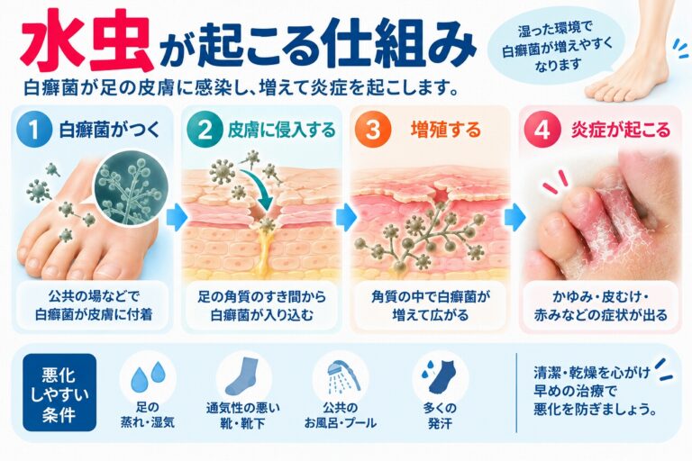 水虫が起こる仕組み｜白癬菌が皮膚に感染・増殖する流れ