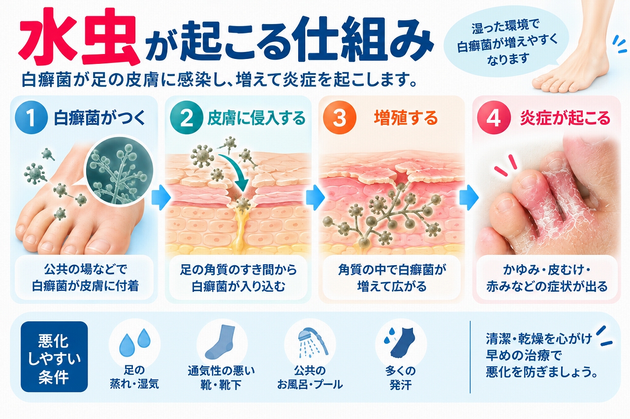 水虫が起こる仕組みを、白癬菌が足の皮膚に付着し、角質層に侵入して増殖することで炎症が起こり、かゆみ・皮むけ・赤みなどの症状が現れるまでの流れで示した図