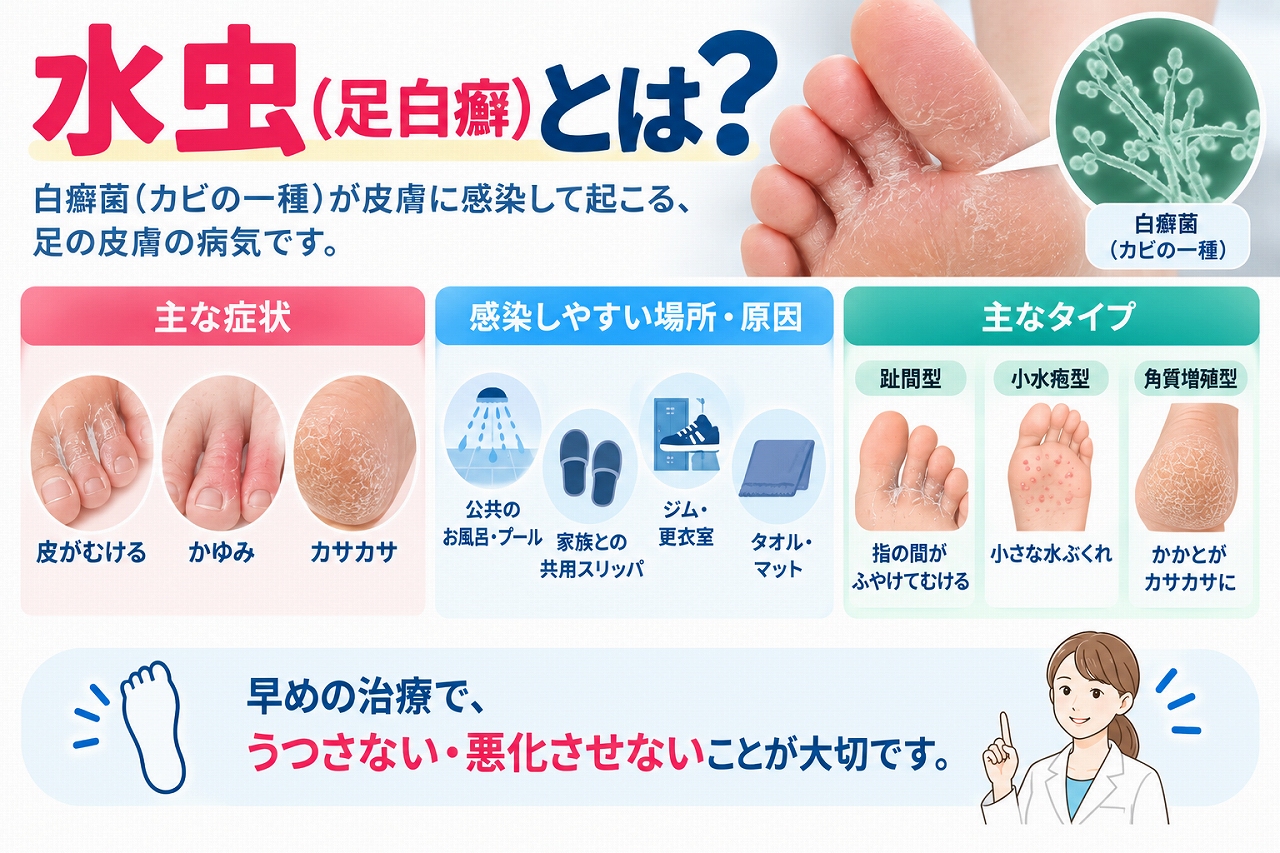水虫（足白癬）とは、白癬菌という真菌が足の皮膚に感染して起こる病気で、皮むけ・かゆみ・カサつきなどの症状や、趾間型・小水疱型・角質増殖型の主なタイプ、感染しやすい場所を示した図