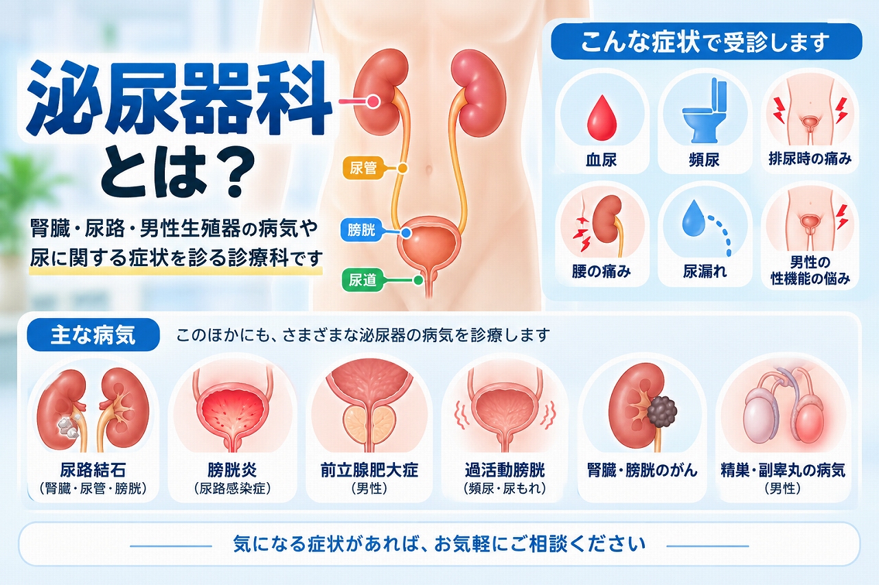 泌尿器科で診療する腎臓・尿管・膀胱・尿道の構造と頻尿・血尿・排尿痛・尿漏れなどの症状を解説した医療イラスト