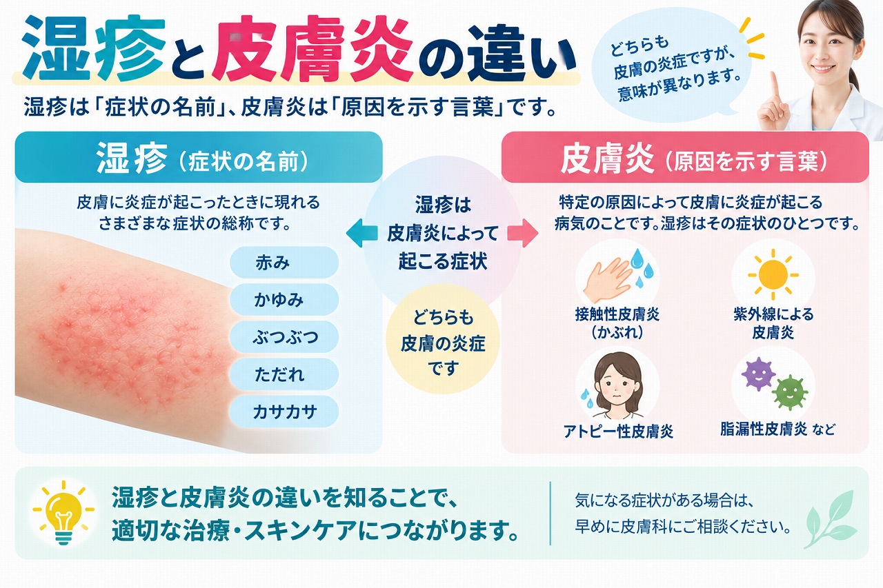 湿疹と皮膚炎の違いについて、湿疹でみられる赤み・かゆみ・ぶつぶつ・ただれ・乾燥などの症状と、接触皮膚炎・アトピー性皮膚炎・脂漏性皮膚炎などの皮膚炎を比較して示した図