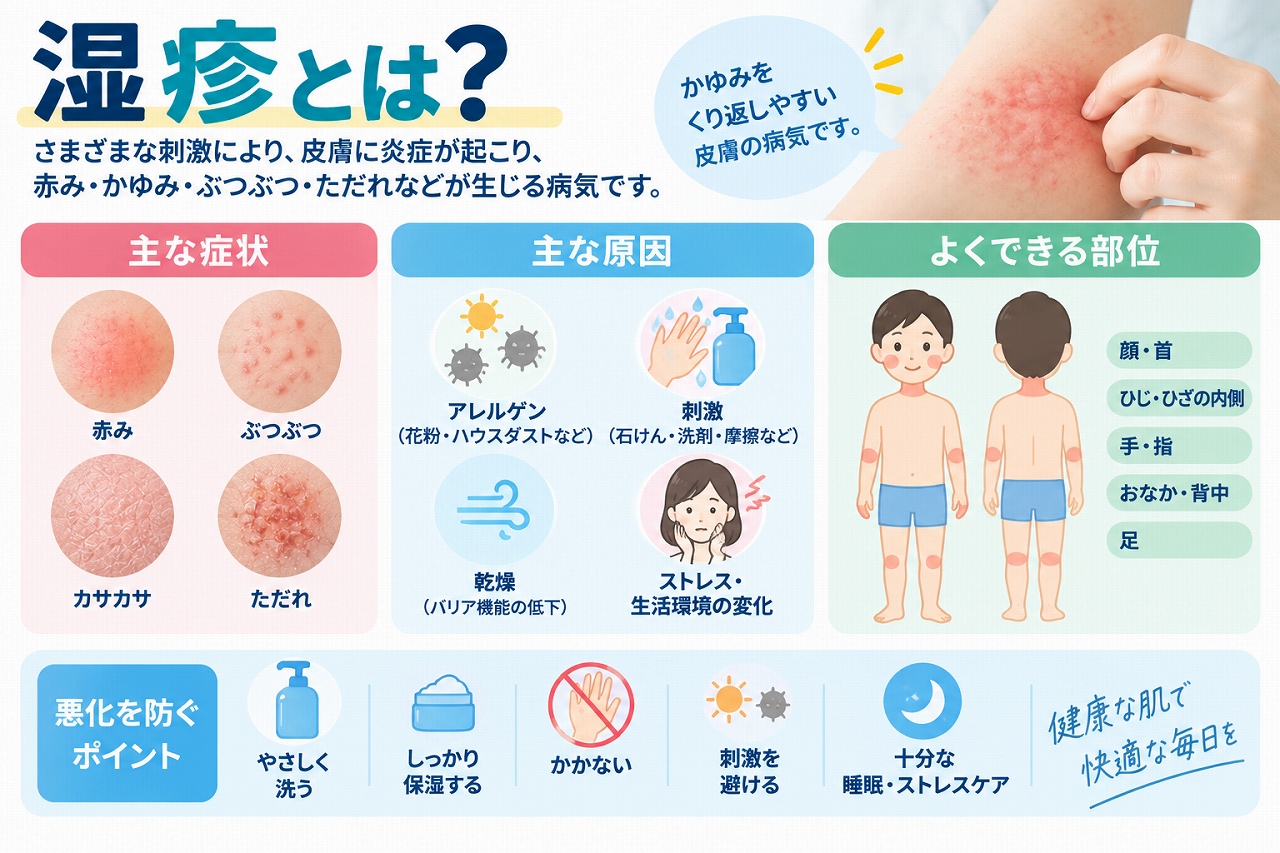湿疹とは、アレルゲンや外部刺激、乾燥などさまざまな原因によって皮膚に炎症が起こり、赤み・かゆみ・ぶつぶつ・乾燥・ただれなどの症状が現れる状態で、主な原因やできやすい部位を示した図
