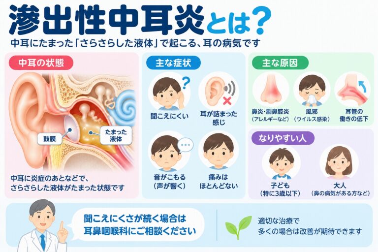 滲出性中耳炎の原因や症状を解説したインフォグラフィック。鼓膜の奥にある中耳に液体がたまり、聞こえにくい、耳が詰まった感じ、音がこもるなどの症状が現れることや、鼻炎・副鼻腔炎、風邪、耳管機能の低下などとの関係を紹介