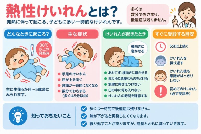 この画像について 熱性けいれんとはどのようなものなのか、主な症状やけいれんが起きたときの対応について、保護者の方に分かりやすく説明するための医療インフォグラフィックです。発熱に伴って乳幼児に起こるけいれんについて、手足のけいれんや意識の変化などの症状と、発作時に安全を確保しながら様子を確認するポイントを視覚的にまとめています。 小児科クリニックや病院のホームページ、患者説明資料、院内掲示、子どもの発熱やけいれんに関する記事などに活用できます。けいれんが起きた際は口の中に物を入れたり無理に押さえつけたりせず、安全な場所に寝かせて発作の時間や様子を確認することが大切です。けいれんが長く続く、繰り返す、意識や呼吸の状態がおかしいなどの場合には、速やかに救急対応につなげることの重要性を伝える際にも適した画像素材です。