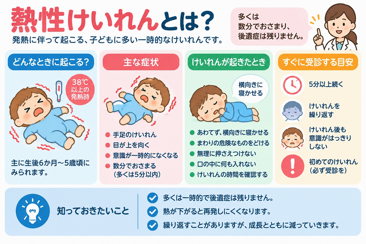 この画像について 熱性けいれんとはどのようなものなのか、主な症状やけいれんが起きたときの対応について、保護者の方に分かりやすく説明するための医療インフォグラフィックです。発熱に伴って乳幼児に起こるけいれんについて、手足のけいれんや意識の変化などの症状と、発作時に安全を確保しながら様子を確認するポイントを視覚的にまとめています。 小児科クリニックや病院のホームページ、患者説明資料、院内掲示、子どもの発熱やけいれんに関する記事などに活用できます。けいれんが起きた際は口の中に物を入れたり無理に押さえつけたりせず、安全な場所に寝かせて発作の時間や様子を確認することが大切です。けいれんが長く続く、繰り返す、意識や呼吸の状態がおかしいなどの場合には、速やかに救急対応につなげることの重要性を伝える際にも適した画像素材です。