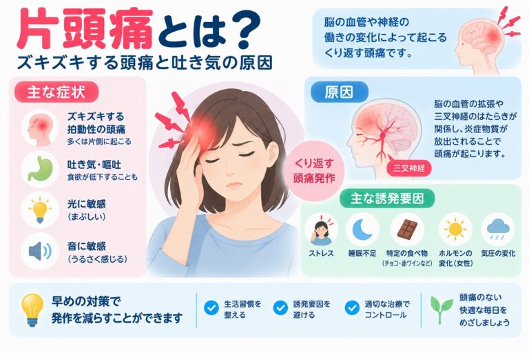 片頭痛とは？ズキズキする頭痛・吐き気の原因と症状・対処法を図解