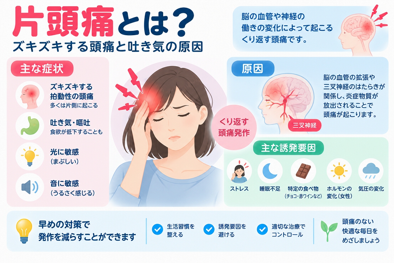 片頭痛の原因や症状、誘発要因を解説した医療インフォグラフィック。ズキズキする拍動性の頭痛、吐き気・嘔吐、光過敏、音過敏などの症状と、三叉神経や脳の痛みの伝達に関わる仕組みを図解。ストレス、睡眠不足、特定の食品、ホルモン変動、気圧の変化などの誘発要因と対処法も紹介。