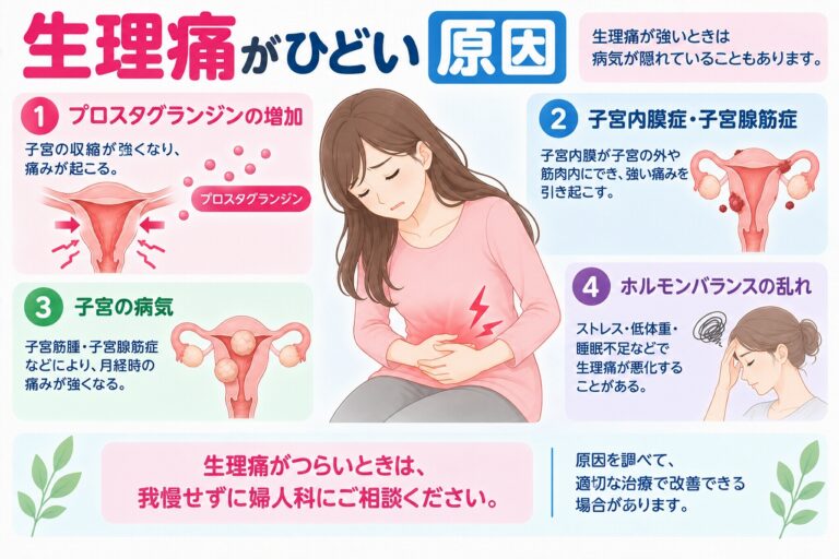 生理痛がひどくなる原因を解説したインフォグラフィック。プロスタグランジンによる強い子宮収縮や、子宮内膜症、子宮腺筋症、子宮筋腫などの病気、体調やストレスなど、生理痛が強くなる主な原因を紹介