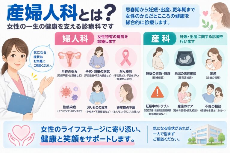 産婦人科で診る病気や症状を解説したインフォグラフィック。婦人科では月経の悩み、子宮・卵巣の病気、性感染症、おりものの異常、更年期の不調、がん検診などを、産科では妊婦健診、胎児の発育確認、出産、妊娠中のトラブル、産後のケアなどを行うことを紹介