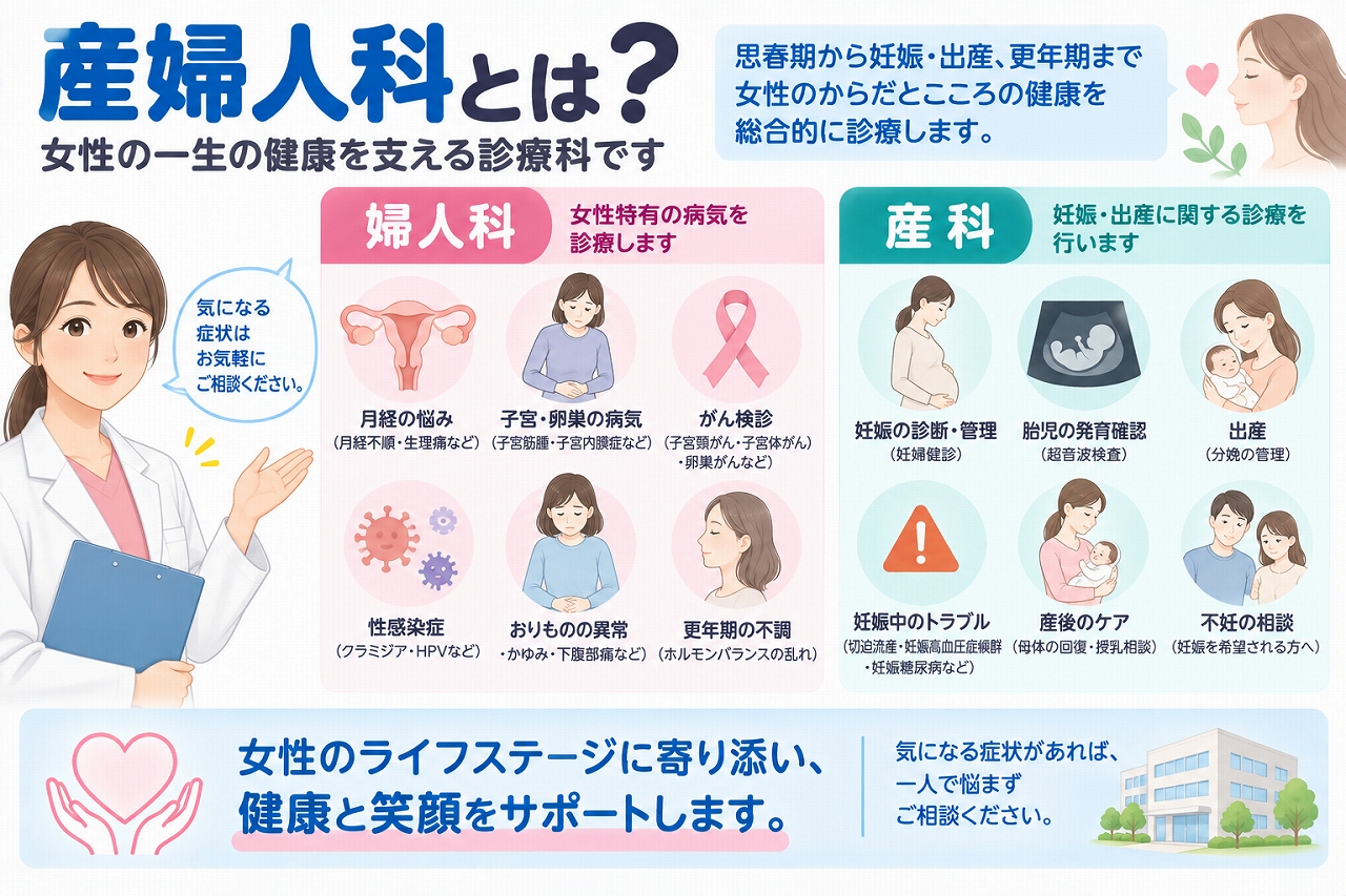 産婦人科で診る病気や症状を解説したインフォグラフィック。婦人科では月経の悩み、子宮・卵巣の病気、性感染症、おりものの異常、更年期の不調、がん検診などを、産科では妊婦健診、胎児の発育確認、出産、妊娠中のトラブル、産後のケアなどを行うことを紹介