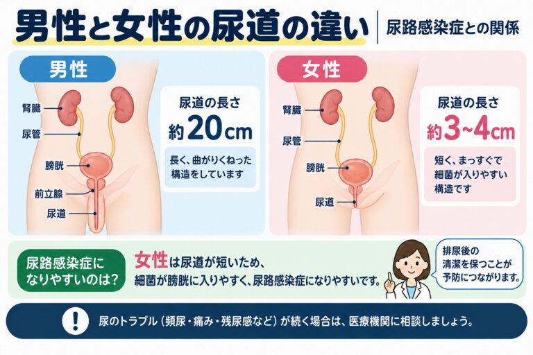 男性と女性の尿道の違いとは？長さ・構造と尿路感染症の関係を図解
