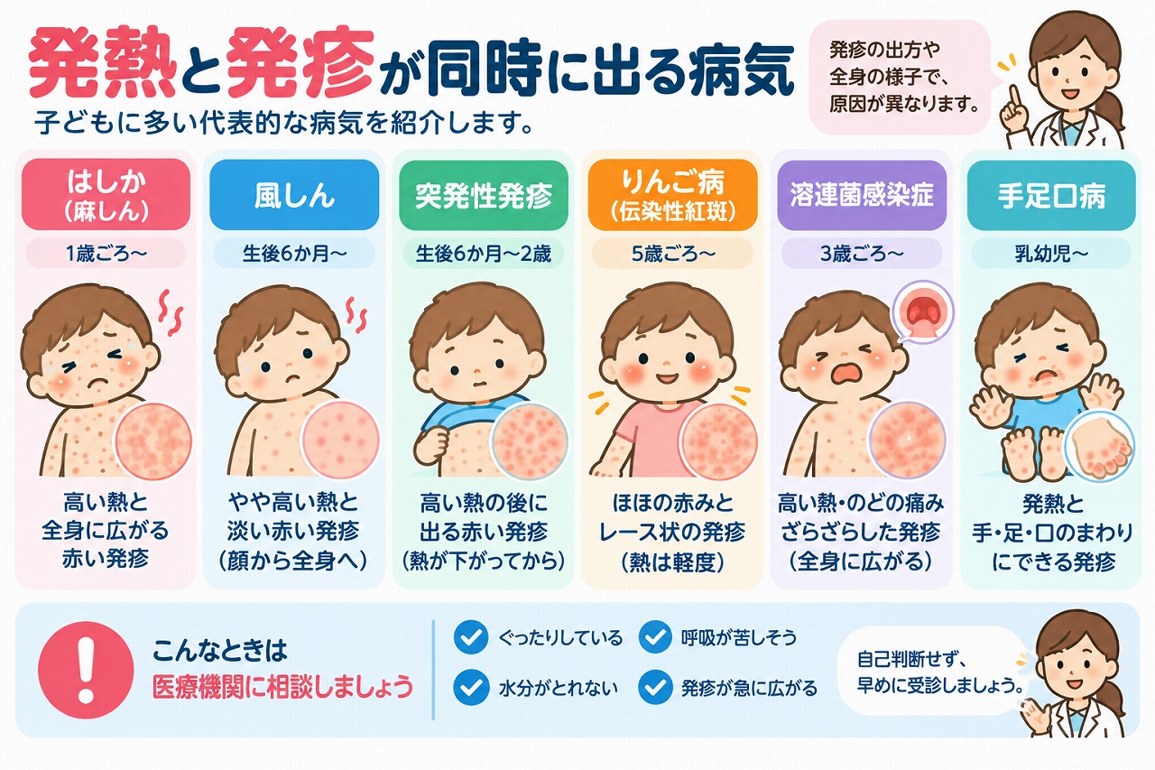 子どもに発熱と発疹が同時に出る病気を解説したインフォグラフィック。麻しん、風しん、突発性発疹、りんご病、溶連菌感染症、手足口病など、発熱と発疹を伴う代表的な病気の特徴と受診の目安を紹介
