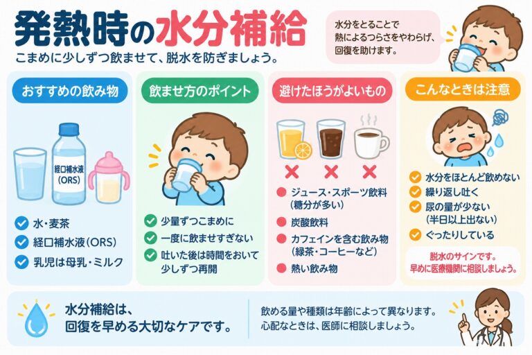 子どもの発熱時の水分補給について解説したインフォグラフィック。水や麦茶、経口補水液、乳児の母乳・ミルクなどの飲み物、少量ずつこまめに飲ませる方法と、水分がとれない、尿が少ない、ぐったりしているなど脱水症状のサインを紹介