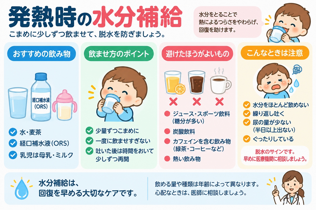 子どもの発熱時の水分補給について解説したインフォグラフィック。水や麦茶、経口補水液、乳児の母乳・ミルクなどの飲み物、少量ずつこまめに飲ませる方法と、水分がとれない、尿が少ない、ぐったりしているなど脱水症状のサインを紹介