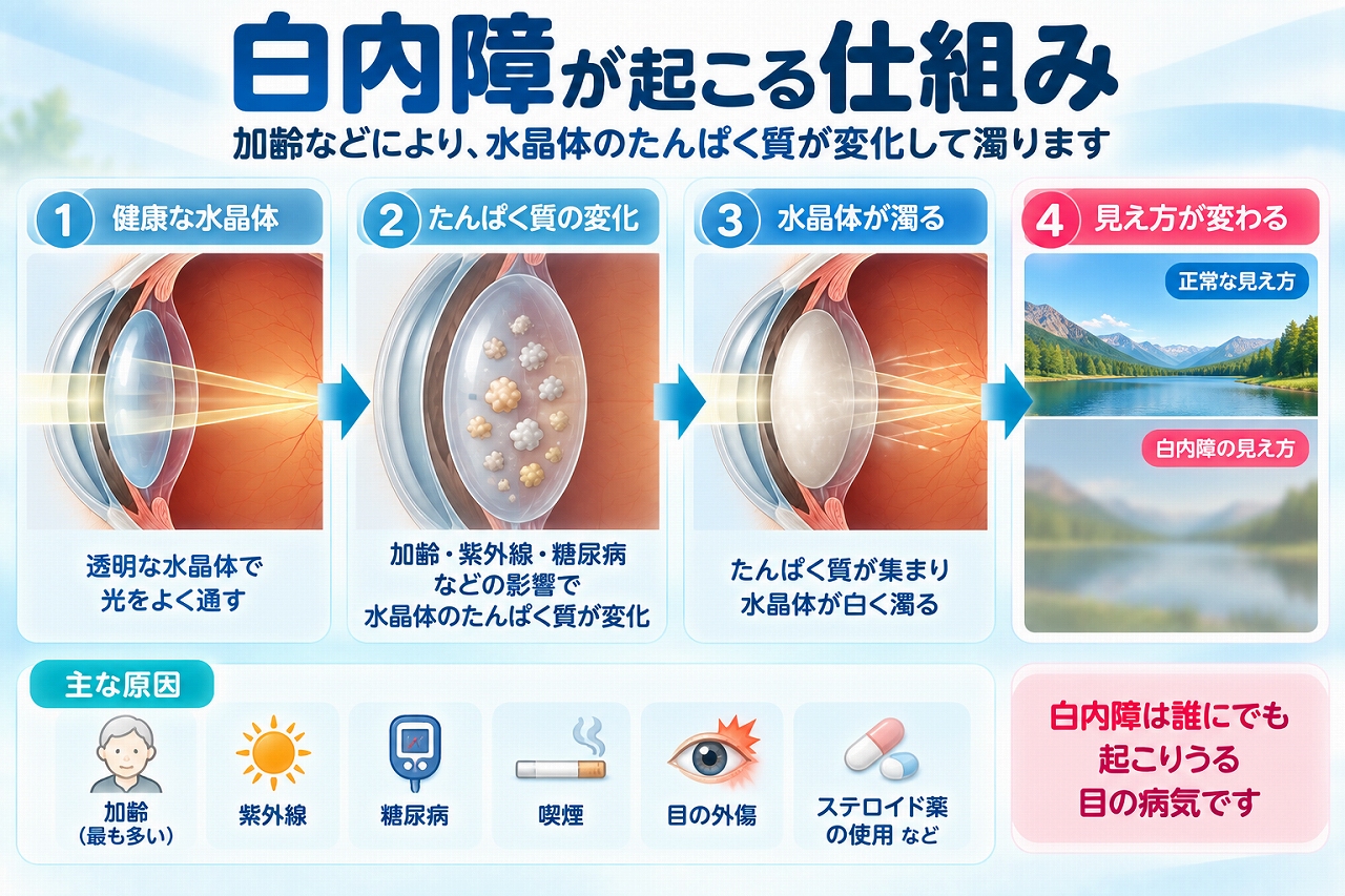 白内障が起こる仕組みを解説したインフォグラフィック。加齢や紫外線、糖尿病などの影響で水晶体のたんぱく質が変化し、水晶体が濁ることで光が通りにくくなり、かすんで見えるようになる流れを紹介