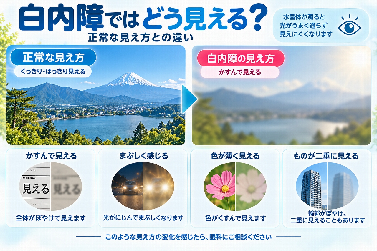 白内障の見え方を正常な視界と比較したインフォグラフィック。白内障では水晶体の濁りにより、かすんで見える、まぶしく感じる、色が薄く見える、ものが二重に見えるなどの見え方の変化が起こることを解説