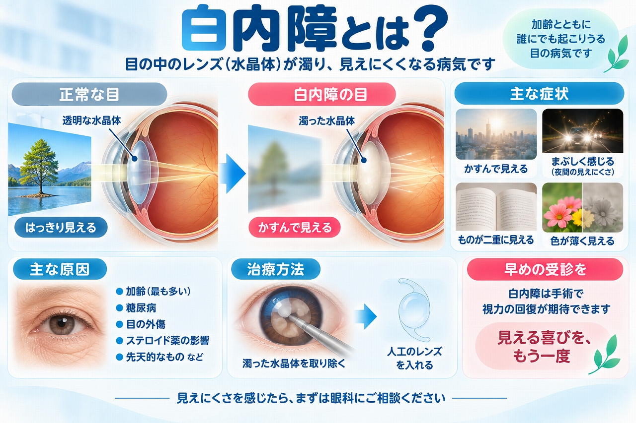 白内障の原因・症状・治療を解説したインフォグラフィック。水晶体が濁ることで、かすみ、まぶしさ、二重に見える、色が薄く見えるなどの症状が現れる仕組みと、人工眼内レンズを入れる手術について紹介