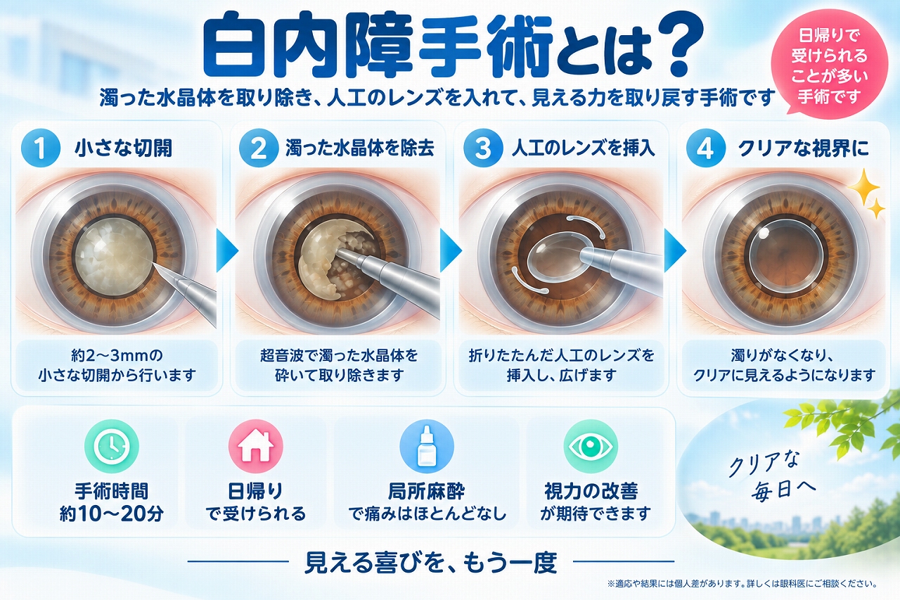 白内障手術の流れを解説したインフォグラフィック。小さな切開から濁った水晶体を取り除き、人工の眼内レンズを挿入して視力の改善を目指す手術方法を4つのステップで紹介
