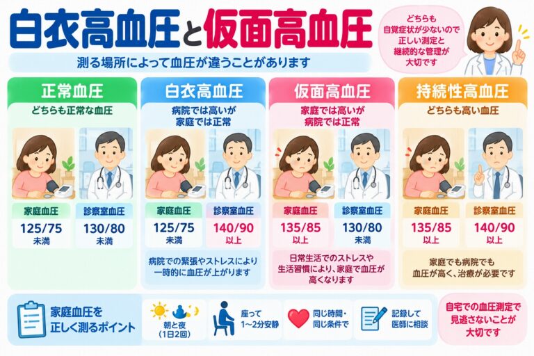 白衣高血圧と仮面高血圧の違いとは？家庭血圧・診察室血圧の基準値を図解