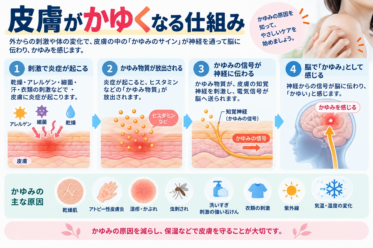 皮膚がかゆくなる仕組みを、乾燥やアレルゲンなどの刺激による炎症、ヒスタミンなどのかゆみに関わる物質の放出、知覚神経への刺激、脳でかゆみとして認識されるまでの流れで示した図