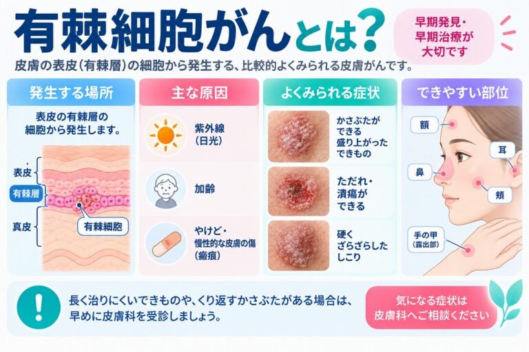 有棘細胞がんとは、皮膚の表皮にある角化細胞から発生する皮膚がんで、紫外線や慢性的な皮膚の傷などが関係し、盛り上がったできもの・かさぶた・潰瘍・硬いしこりなどが現れる特徴を示した図