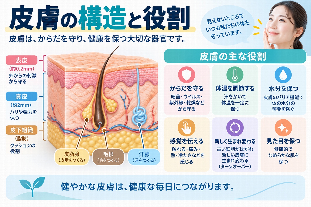 皮膚の構造を表皮・真皮・皮下組織の3層に分け、毛根・皮脂腺・汗腺などの位置と、外部刺激から体を守る、体温を調節する、水分を保つ、感覚を伝えるなど皮膚の主な役割を示した図