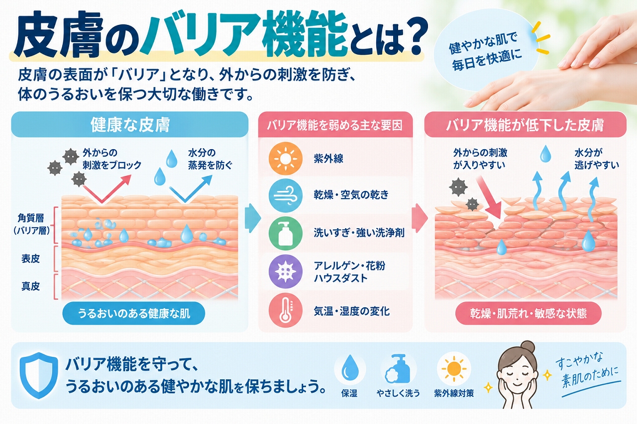 皮膚のバリア機能とは、角質層を中心に外部からの刺激や異物の侵入を防ぎ、皮膚内部の水分蒸発を抑える働きで、健康な皮膚とバリア機能が低下した皮膚の違いや、乾燥・紫外線・洗いすぎなどの影響を示した図