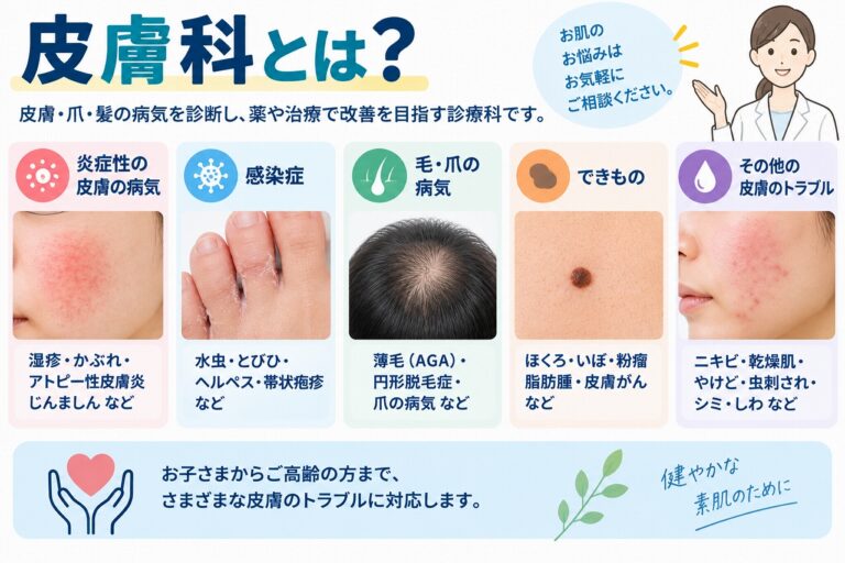 皮膚科で診療する主な病気として、湿疹・かぶれ・アトピー性皮膚炎などの炎症性疾患、水虫・とびひ・ヘルペスなどの感染症、薄毛や爪の病気、ほくろ・いぼ・粉瘤などのできもの、ニキビや乾燥肌などの皮膚トラブルを示した図