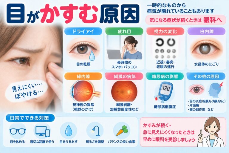 目がかすむ原因を解説したインフォグラフィック。ドライアイ、疲れ目、近視・遠視・老眼などの視力変化、白内障、緑内障、網膜疾患、糖尿病網膜症など、視界がぼやける主な原因を紹介