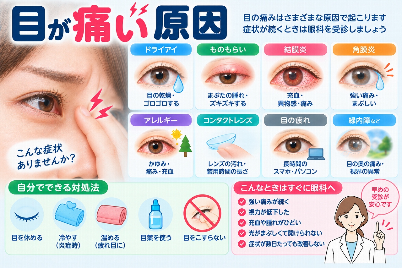 目が痛い原因を解説したインフォグラフィック。ドライアイ、ものもらい、結膜炎、角膜炎、アレルギー、コンタクトレンズ、目の疲れ、緑内障など、目の痛みを引き起こす主な原因と眼科を受診する目安を紹介