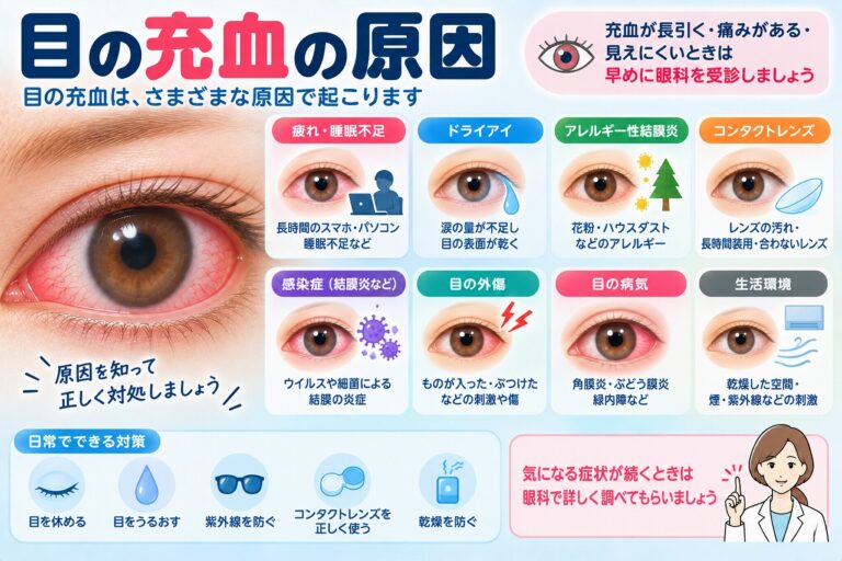 目の充血の原因を解説したインフォグラフィック。疲れや睡眠不足、ドライアイ、アレルギー性結膜炎、コンタクトレンズ、感染症、目の外傷、角膜炎やぶどう膜炎などの目の病気、生活環境による主な原因を紹介
