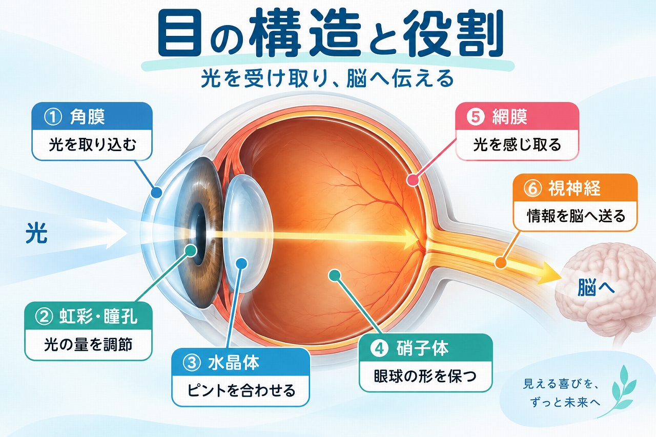 目の構造と役割を示したインフォグラフィック。角膜、虹彩・瞳孔、水晶体、硝子体、網膜、視神経と、光が脳へ伝わる仕組みを解説