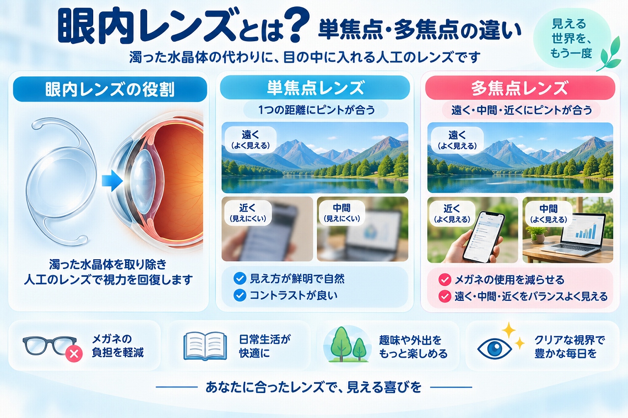 眼内レンズと単焦点・多焦点レンズの違いを解説したインフォグラフィック。白内障手術で使用する眼内レンズの役割と、単焦点レンズ・多焦点レンズによる遠く・中間・近くの見え方の違いを比較