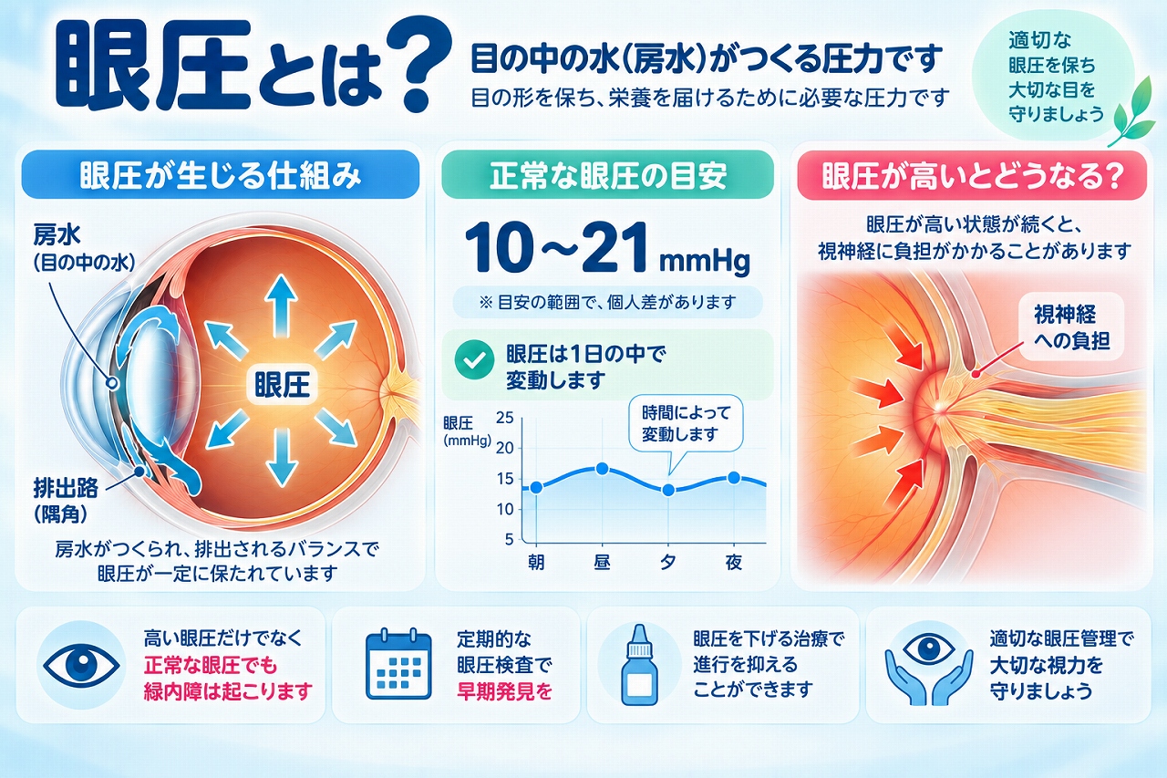 眼圧の仕組みを解説したインフォグラフィック。目の中の房水によって生じる圧力と、房水の産生・排出による眼圧の調節、正常値の目安、眼圧が高い状態が続いた場合の視神経への影響を紹介