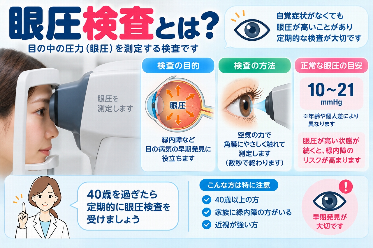 眼圧検査について解説したインフォグラフィック。目の中の圧力を測定する検査方法、正常な眼圧の目安、眼圧と緑内障の関係、定期的な検査が推奨される人について紹介