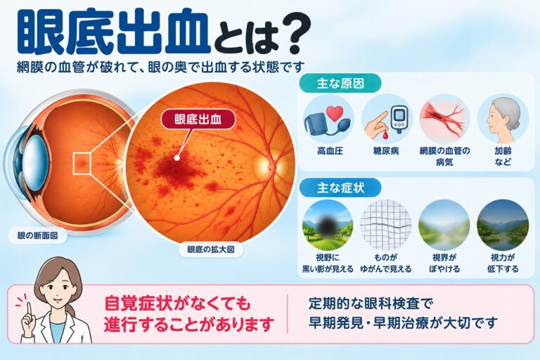 眼底出血の原因や症状を解説したインフォグラフィック。網膜の血管から出血が起こることで、視野に黒い影が見える、ものがゆがむ、視界がぼやける、視力が低下するなどの症状が現れることを紹介