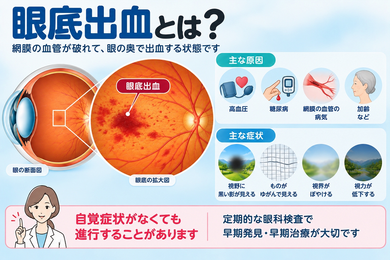 眼底出血の原因や症状を解説したインフォグラフィック。網膜の血管から出血が起こることで、視野に黒い影が見える、ものがゆがむ、視界がぼやける、視力が低下するなどの症状が現れることを紹介