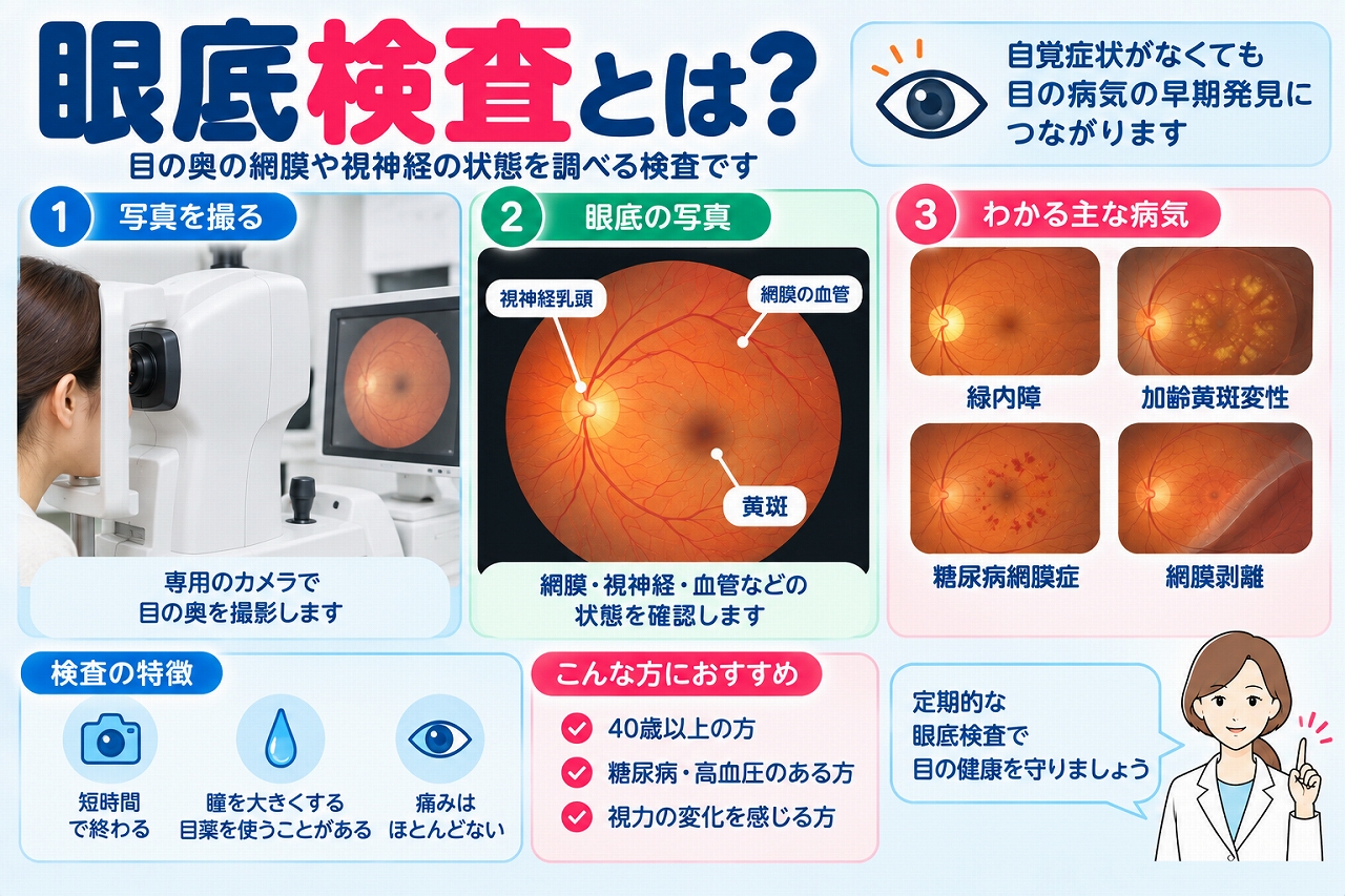 眼底検査の方法や目的を解説したインフォグラフィック。眼底カメラなどで網膜、黄斑、視神経乳頭、網膜血管の状態を確認し、緑内障、加齢黄斑変性、糖尿病網膜症、網膜剥離などの発見に役立つことを紹介
