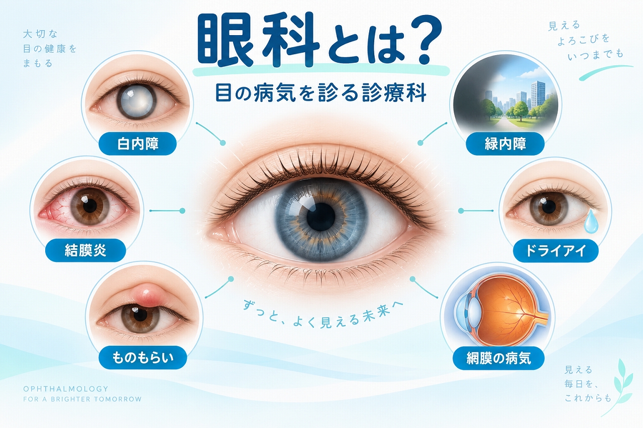 眼科で診る代表的な病気を解説したインフォグラフィック。白内障、緑内障、結膜炎、ドライアイ、ものもらい、網膜の病気を紹介