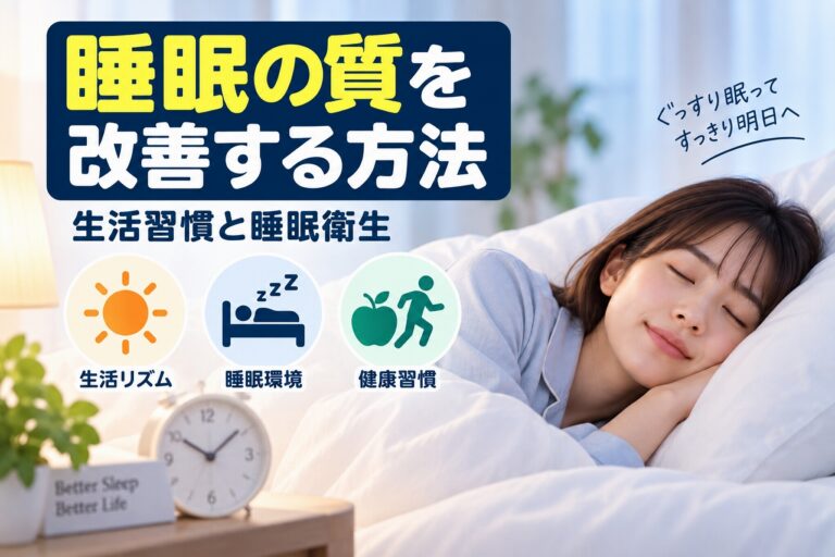睡眠の質を改善する方法を解説した医療インフォグラフィック。明るく落ち着いた寝室で気持ちよさそうに眠る女性を描き、生活リズム・睡眠環境・健康習慣の3つの改善ポイントを太陽・ベッド・運動のアイコンで示した図解。